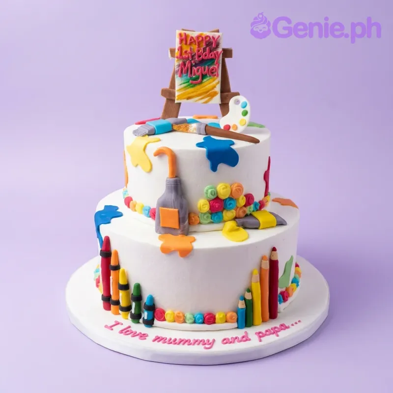 Two-tier white artist themed birthday cake with colorful fondant paint splatters, crayons, paint brushes, and an easel topper. Two-tier white artist themed birthday cake with colorful fondant paint splatters, crayons, paint brushes, and an easel topper.
