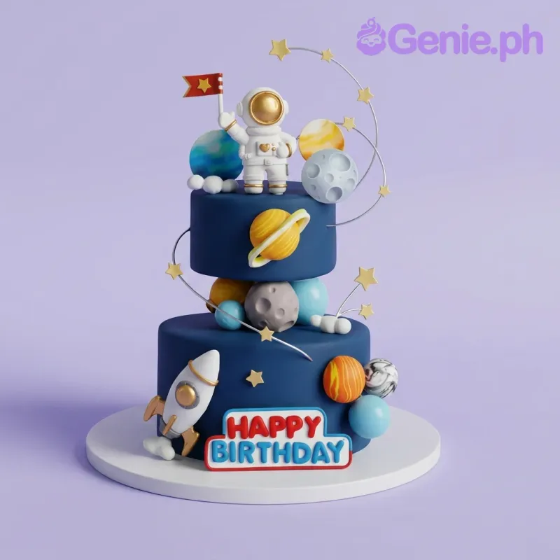 A navy blue two-tier fondant cake themed Astronaut Space, featuring an astronaut, rocket ship, and various planets. A navy blue two-tier fondant cake themed Astronaut Space, featuring an astronaut, rocket ship, and various planets.