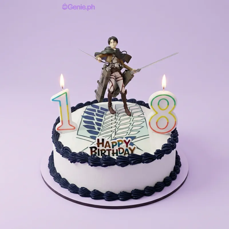 A white 1-tier Attack On Titan cake, featuring a Levi Ackerman figure, number 18 candles, Wings of Freedom logo. A white 1-tier Attack On Titan cake, featuring a Levi Ackerman figure, number 18 candles, Wings of Freedom logo.