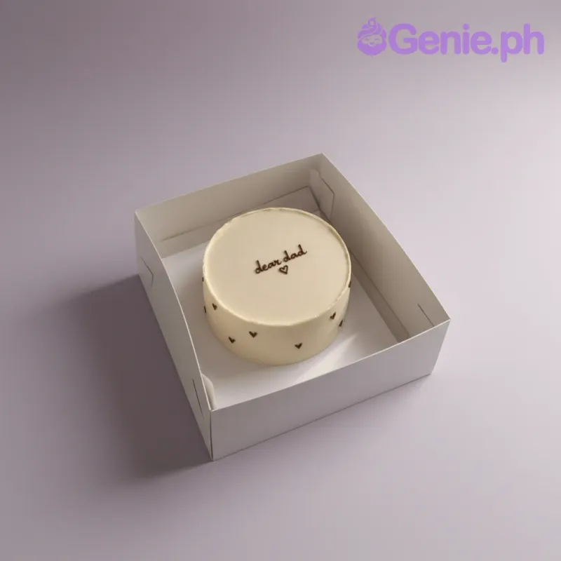 Beige minimalist 1-tier cake with smooth soft icing, small piped brown hearts, and a top message Beige minimalist 1-tier cake with smooth soft icing, small piped brown hearts, and a top message