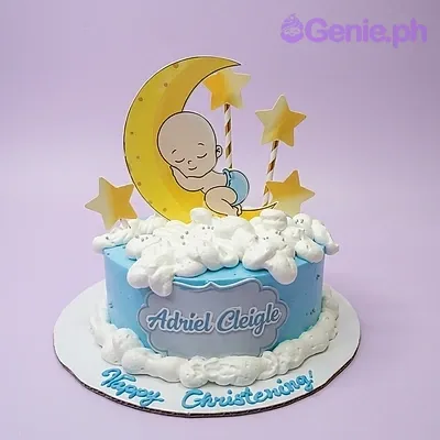 Baby Christening Moon 1 Tier - yellow, white theme with yellow moon with sleeping baby and white icing clouds Baby Christening Moon 1 Tier - yellow, white theme with yellow moon with sleeping baby and white icing clouds