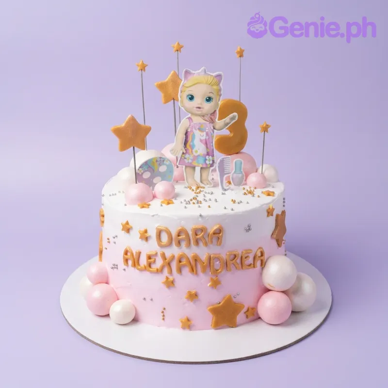 Pink and white baby doll themed birthday cake with gold stars, pink spheres, and a character printout topper. Pink and white baby doll themed birthday cake with gold stars, pink spheres, and a character printout topper.
