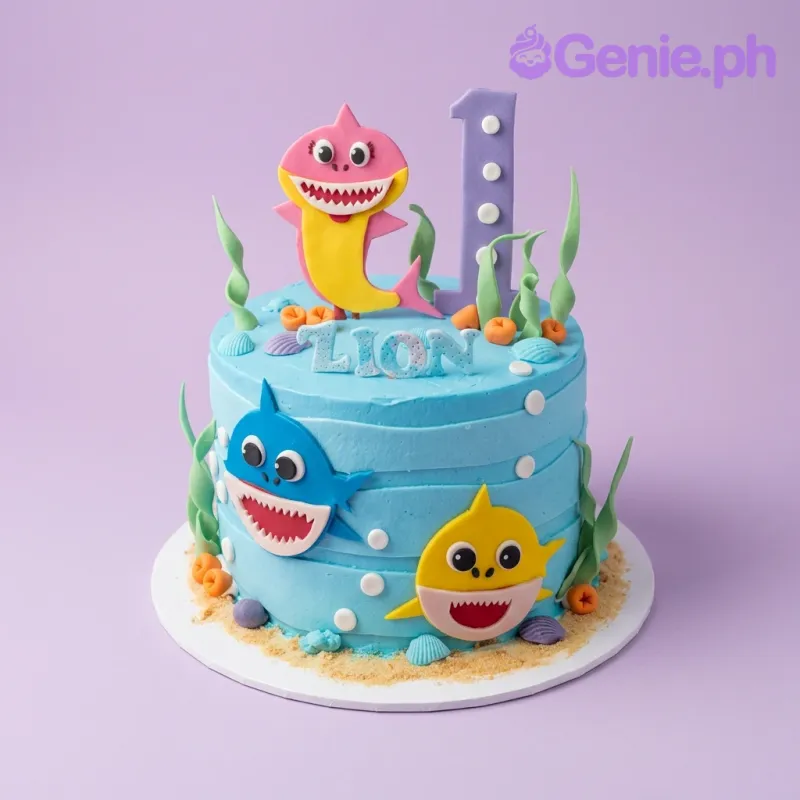 Blue Baby Shark themed birthday cake with pink, blue, and yellow shark characters, purple number one, and underwater fondant decorations. Blue Baby Shark themed birthday cake with pink, blue, and yellow shark characters, purple number one, and underwater fondant decorations.