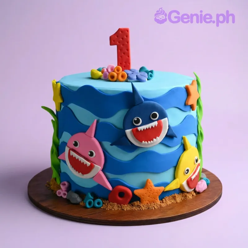 Blue 1-tier Baby Shark birthday cake with fondant shark characters and sea decorations Blue 1-tier Baby Shark birthday cake with fondant shark characters and sea decorations