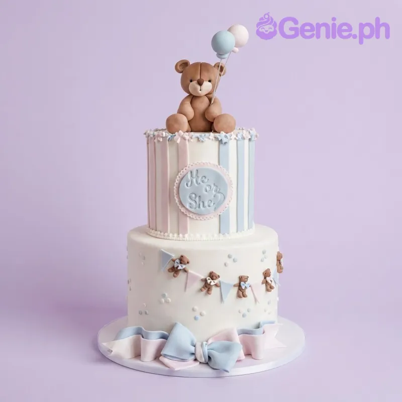 Ivory 2-tier fondant baby shower cake with smooth icing, a teddy bear topper, and blue decorative stripes Ivory 2-tier fondant baby shower cake with smooth icing, a teddy bear topper, and blue decorative stripes
