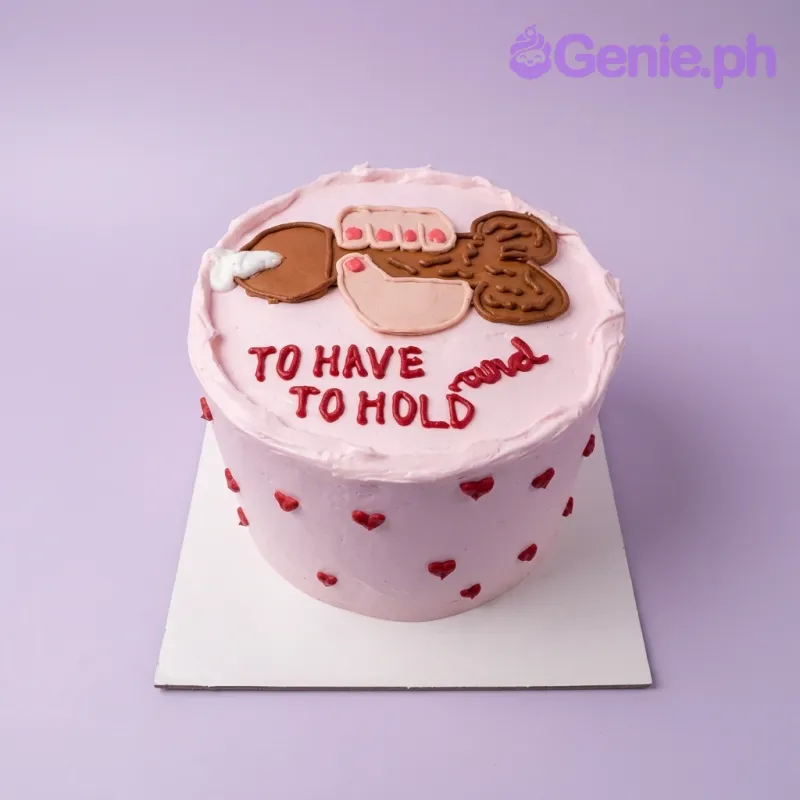 A light pink 1-tier Bachelorette Humorous cake, featuring a hand-drawn illustration, 'TO HAVE AND TO HOLD' text, and red heart accents. A light pink 1-tier Bachelorette Humorous cake, featuring a hand-drawn illustration, 'TO HAVE AND TO HOLD' text, and red heart accents.