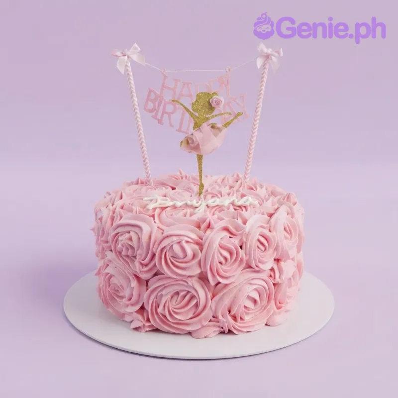 Pink 1-tier soft icing cake covered in piped rosettes with a gold glitter ballerina topper and white piped name Pink 1-tier soft icing cake covered in piped rosettes with a gold glitter ballerina topper and white piped name