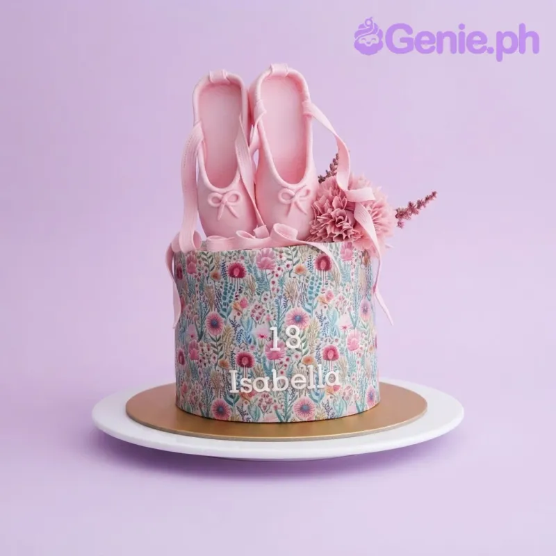 White single tier cake with soft white icing, ballet theme, and pink fondant pointe shoes White single tier cake with soft white icing, ballet theme, and pink fondant pointe shoes