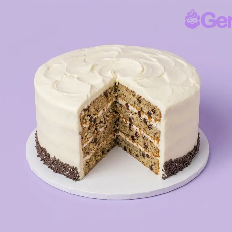 Banana cake with white icing and chocolate sprinkles on a white cake stand Banana cake with white icing and chocolate sprinkles on a white cake stand