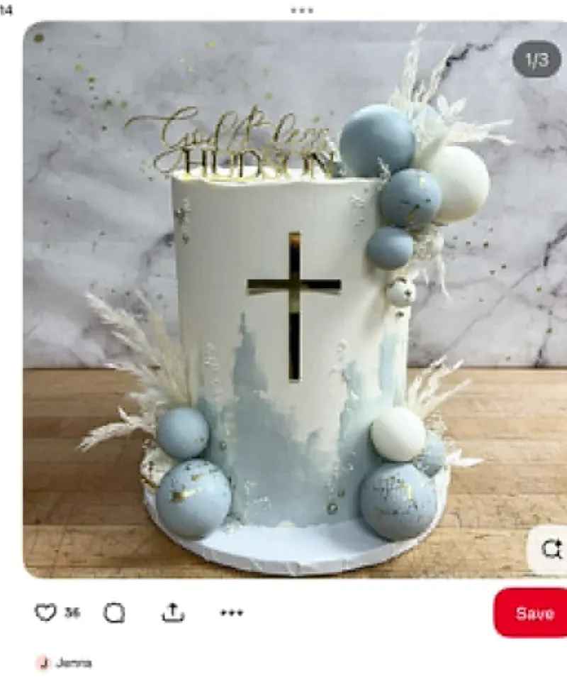 Baptism 1 Tier - gold, blue, light theme with God Bless HUDSON text topper and Gold mirror cross Baptism 1 Tier - gold, blue, light theme with God Bless HUDSON text topper and Gold mirror cross