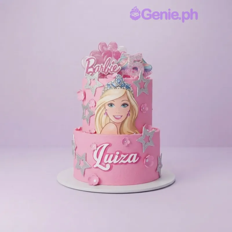 Hot pink 2-tier birthday cake with a Barbie character printout, silver glitter stars, and a name topper Hot pink 2-tier birthday cake with a Barbie character printout, silver glitter stars, and a name topper