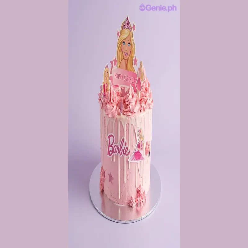 Pink 1-tier birthday cake with Barbie character printout toppers and white drip icing Pink 1-tier birthday cake with Barbie character printout toppers and white drip icing
