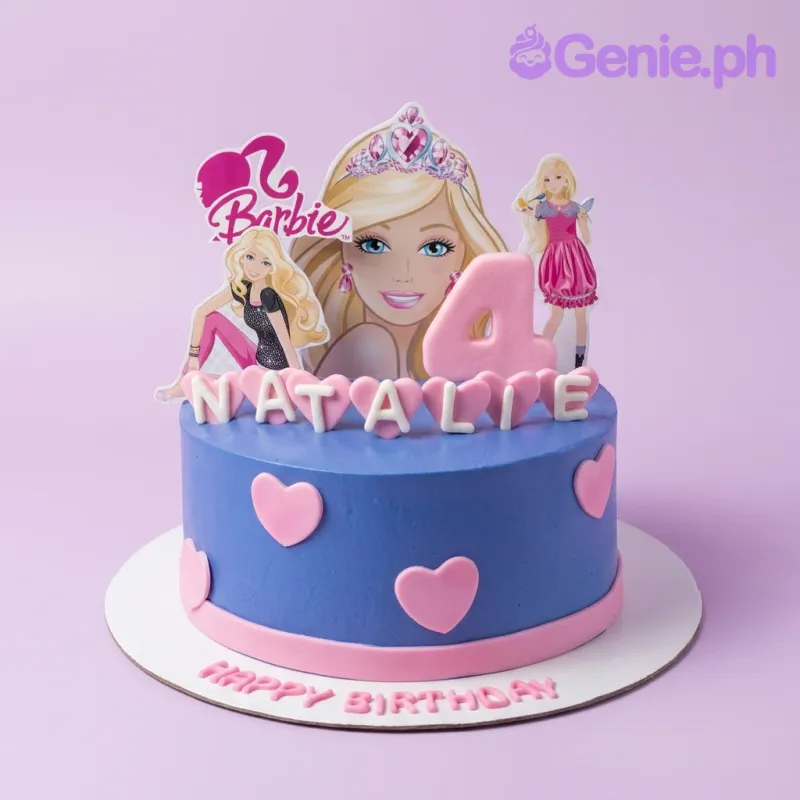 Blue Barbie themed birthday cake with pink heart decorations and Barbie character printouts. Blue Barbie themed birthday cake with pink heart decorations and Barbie character printouts.