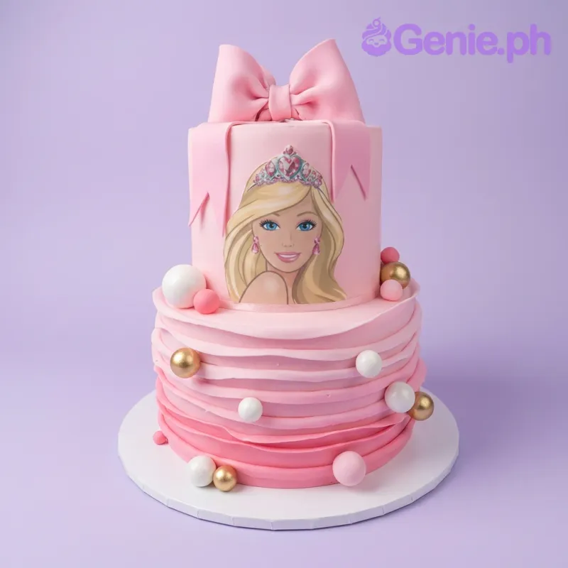 Barbie 2 Tier - pink, gold, white theme with Barbie character image and gold balls Barbie 2 Tier - pink, gold, white theme with Barbie character image and gold balls