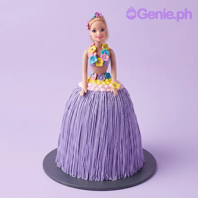 Barbie doll cake with a purple hula-style icing skirt and colorful fondant flower decorations. Barbie doll cake with a purple hula-style icing skirt and colorful fondant flower decorations.