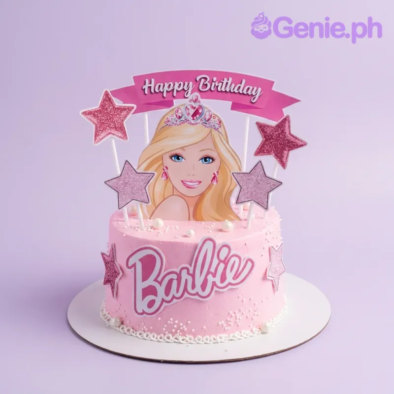 Barbie pink 1 Tier - white theme with printout of Barbie's head and white sprinkles Barbie pink 1 Tier - white theme with printout of Barbie's head and white sprinkles