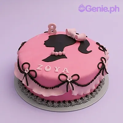 Pink 1-tier fondant cake with black Barbie silhouette, pink bow, number 8 candle, and Zoya name Pink 1-tier fondant cake with black Barbie silhouette, pink bow, number 8 candle, and Zoya name