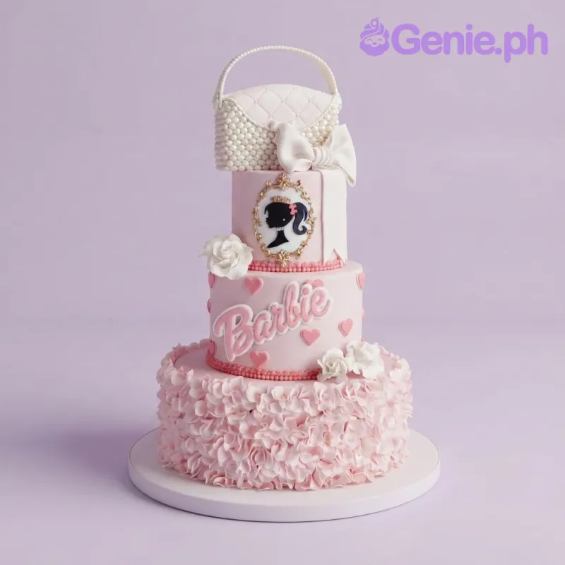 Pink 3-tier fondant cake with a sculpted handbag topper, Barbie silhouette logo, and delicate petal ruffles on the base tier Pink 3-tier fondant cake with a sculpted handbag topper, Barbie silhouette logo, and delicate petal ruffles on the base tier
