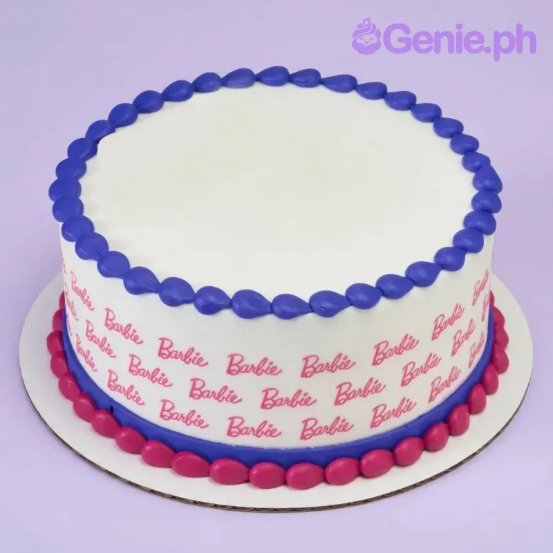 A white, purple, and pink round 1-tier cake themed around Barbie, featuring purple icing borders and pink Barbie logo text on the sides. A white, purple, and pink round 1-tier cake themed around Barbie, featuring purple icing borders and pink Barbie logo text on the sides.