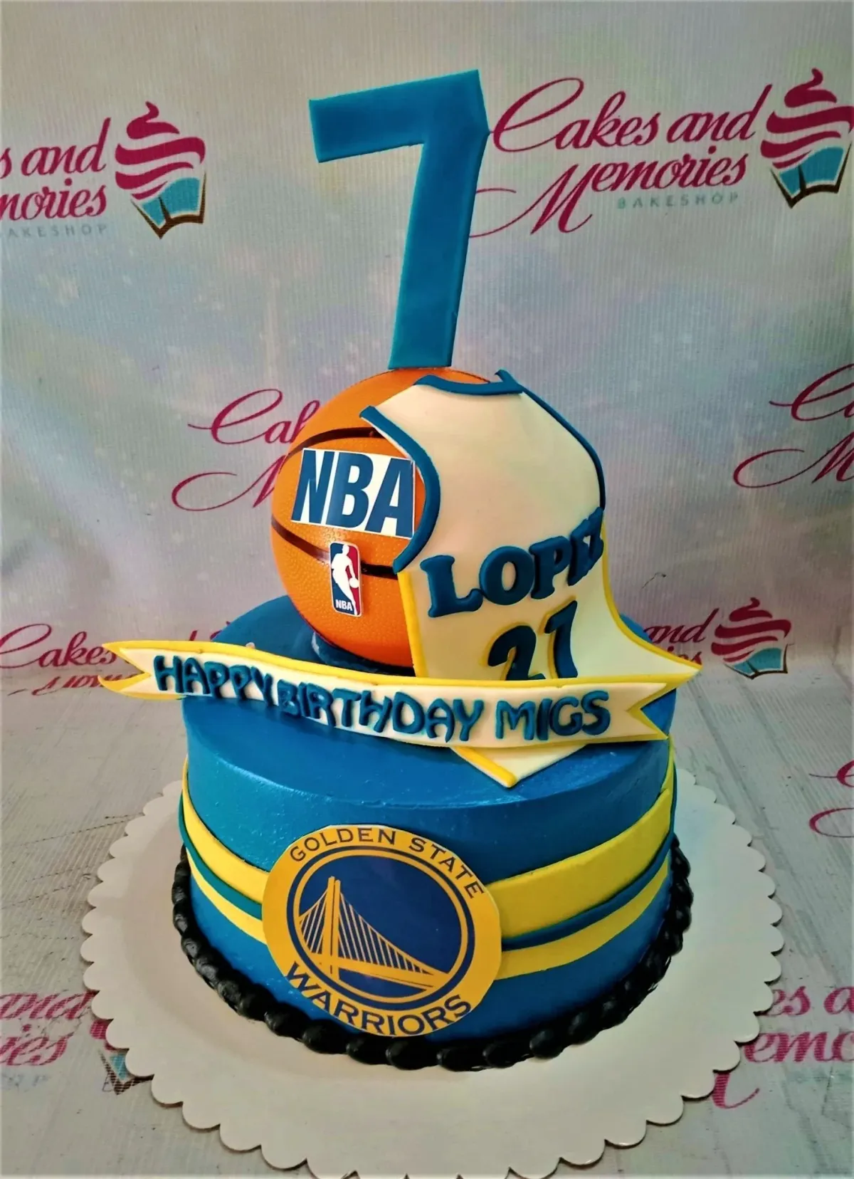 Blue Golden State Warriors themed birthday cake with a basketball, jersey, and number 7 topper. Blue Golden State Warriors themed birthday cake with a basketball, jersey, and number 7 topper.
