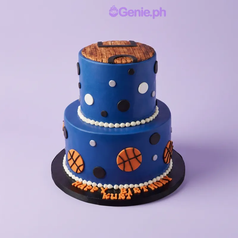 Blue 2-tier basketball themed cake with orange fondant basketballs and a wood grain court top Blue 2-tier basketball themed cake with orange fondant basketballs and a wood grain court top
