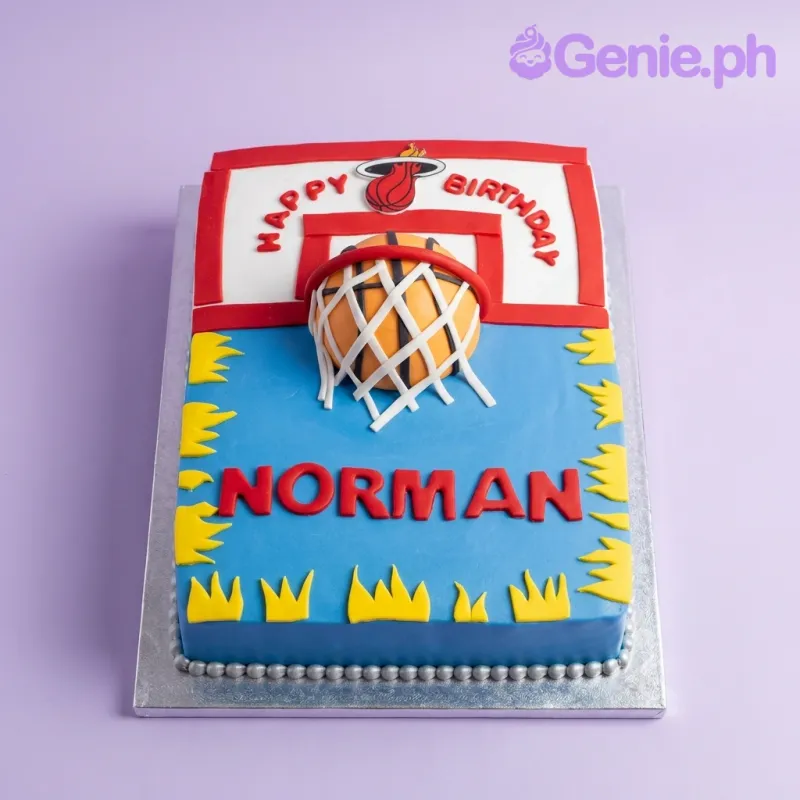 Miami Heat basketball themed rectangle cake with a 3D basketball hoop and ball, yellow flames, and red lettering. Miami Heat basketball themed rectangle cake with a 3D basketball hoop and ball, yellow flames, and red lettering.