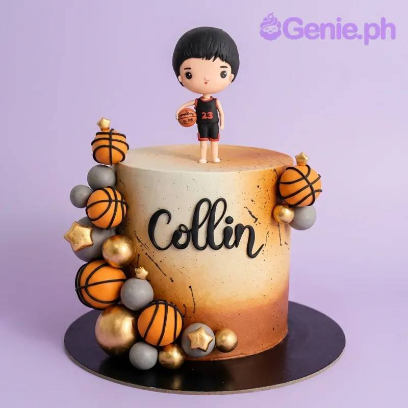 A orange and beige single-tier Basketball-themed cake, with a 3D boy figurine, fondant basketballs, and gold spheres. A orange and beige single-tier Basketball-themed cake, with a 3D boy figurine, fondant basketballs, and gold spheres.