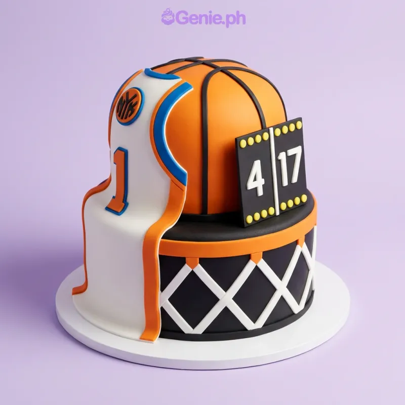 Orange and black 2-tier basketball themed fondant cake with a jersey wrap and scoreboard topper Orange and black 2-tier basketball themed fondant cake with a jersey wrap and scoreboard topper