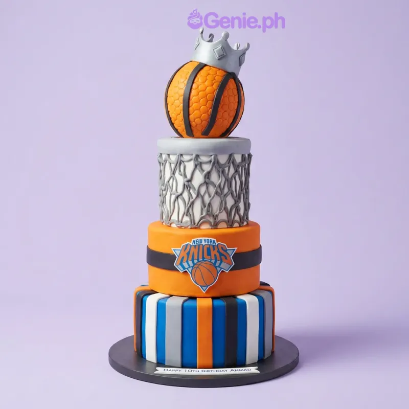 3-tier basketball themed fondant cake with a crown topper and New York Knicks logo 3-tier basketball themed fondant cake with a crown topper and New York Knicks logo