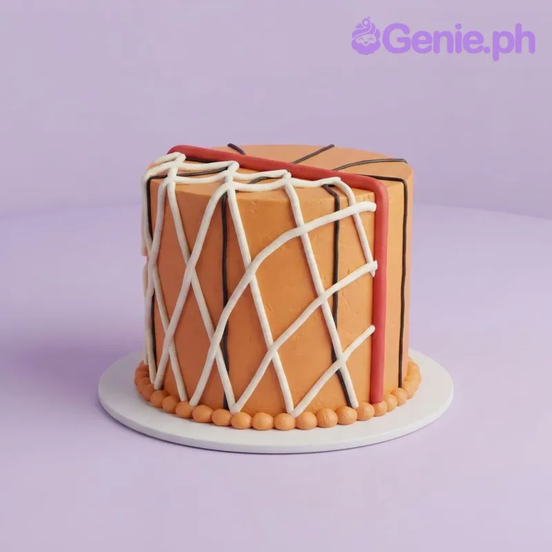 Orange 1-tier soft icing basketball cake with piped white net, red rim, and black seam lines Orange 1-tier soft icing basketball cake with piped white net, red rim, and black seam lines