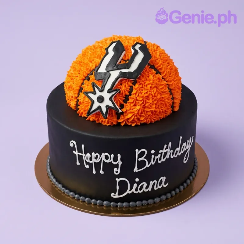 Black single tier cake with orange basketball icing topper and San Antonio Spurs logo printout Black single tier cake with orange basketball icing topper and San Antonio Spurs logo printout