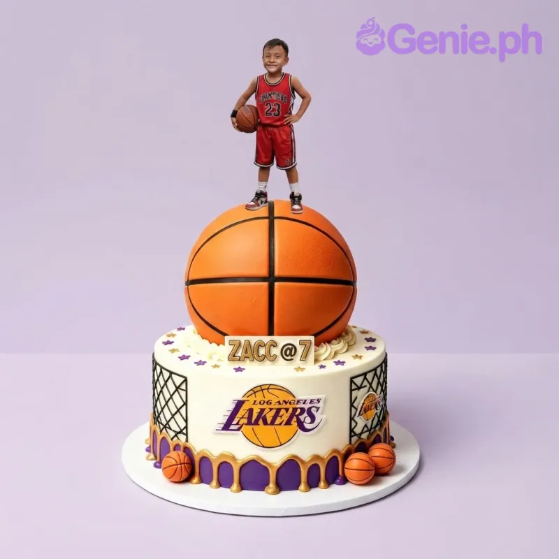 White 1-tier basketball birthday cake with a large fondant basketball, portrait cutout, and Lakers branding White 1-tier basketball birthday cake with a large fondant basketball, portrait cutout, and Lakers branding