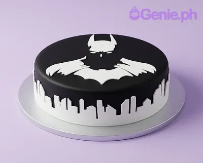 Batman 1 Tier Fondant - colorful theme with Batman logo silhouette and City skyline silhouette Batman 1 Tier Fondant - colorful theme with Batman logo silhouette and City skyline silhouette