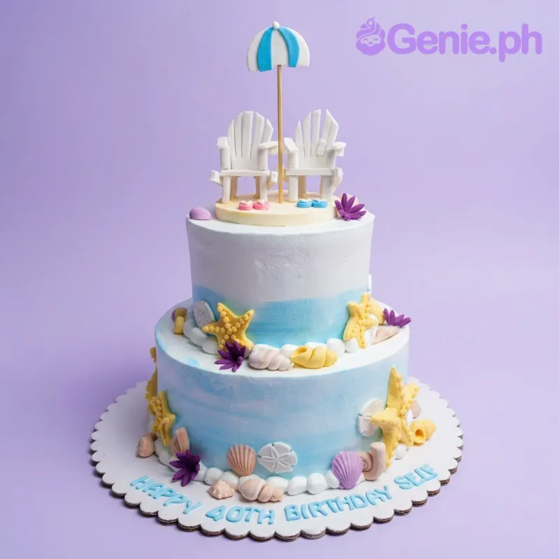A blue and white gradient two-tier cake themed around a beach, featuring white beach chairs, a striped umbrella, and various seashells. A blue and white gradient two-tier cake themed around a beach, featuring white beach chairs, a striped umbrella, and various seashells.