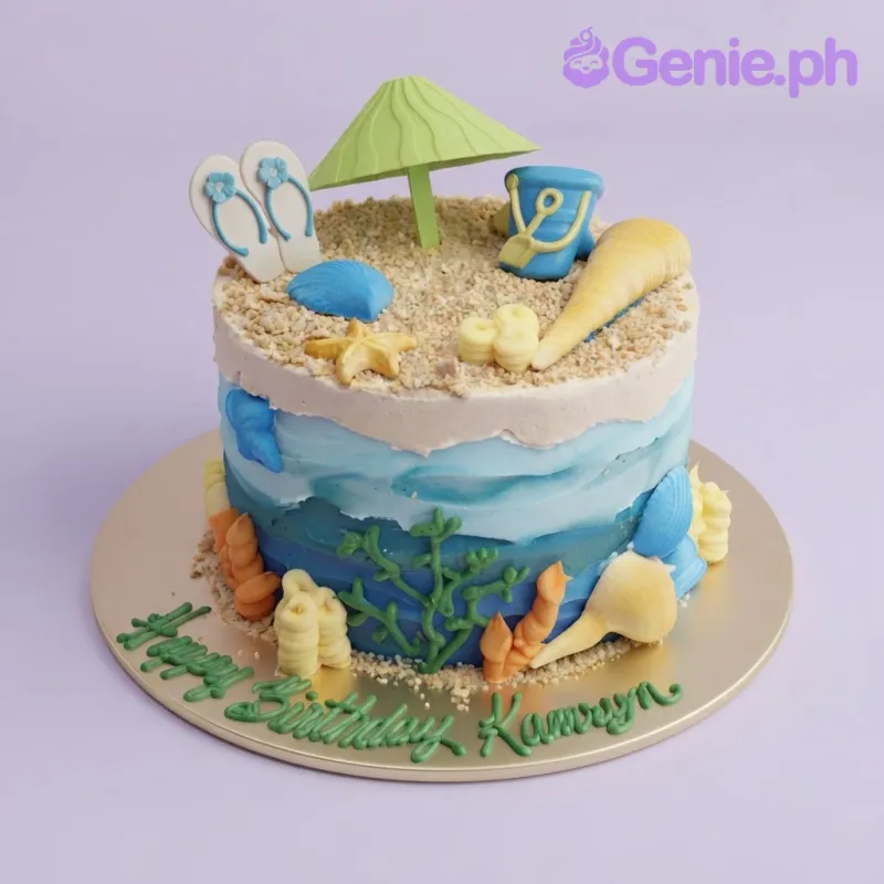 Peach and blue gradient 1-tier cake with soft icing, green fondant beach umbrella topper, and fondant seashells Peach and blue gradient 1-tier cake with soft icing, green fondant beach umbrella topper, and fondant seashells