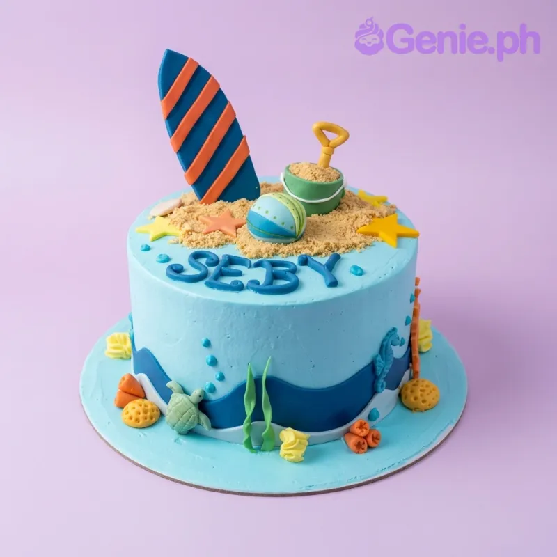 Light blue beach themed birthday cake with a surfboard, sand bucket, and sea creatures for Seby. Light blue beach themed birthday cake with a surfboard, sand bucket, and sea creatures for Seby.