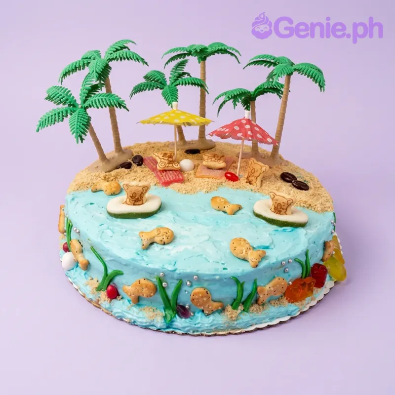 A light blue and sandy brown 1 Tier Beach theme cake, with plastic palm trees, beach umbrellas, koala biscuits, and crushed sand. A light blue and sandy brown 1 Tier Beach theme cake, with plastic palm trees, beach umbrellas, koala biscuits, and crushed sand.