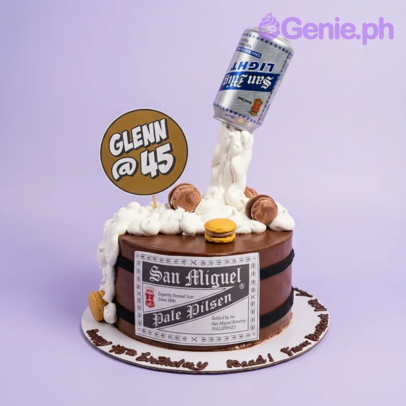 A brown and white 1 Tier Fondant beer cake with a San Mig Light can, 'Glenn @ 45' topper, and white foam. A brown and white 1 Tier Fondant beer cake with a San Mig Light can, 'Glenn @ 45' topper, and white foam.