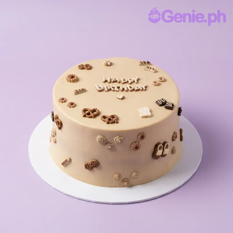 Beige minimalist 1 tier cake with brown and white icing doodles of pretzels, cookies, and toast with Happy Birthday message. Beige minimalist 1 tier cake with brown and white icing doodles of pretzels, cookies, and toast with Happy Birthday message.