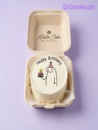 White bento cake with a hand-drawn Flork character holding a cake and Happy Birthday message White bento cake with a hand-drawn Flork character holding a cake and Happy Birthday message