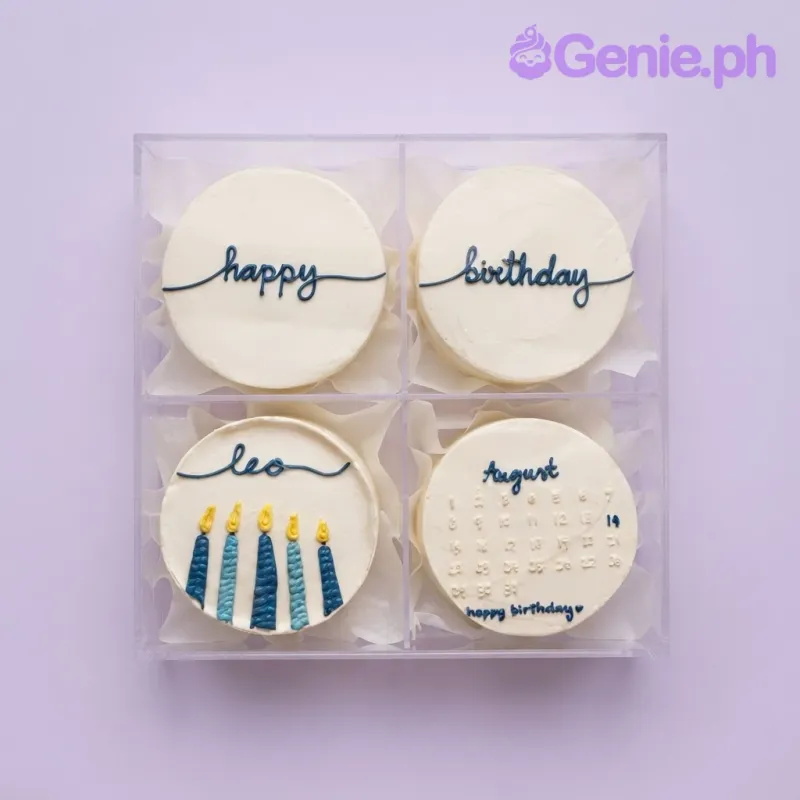 White bento cupcake set with smooth soft icing, five blue candles, and a piped message White bento cupcake set with smooth soft icing, five blue candles, and a piped message