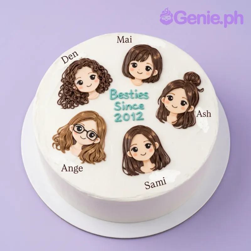 Besties cake design — 1 layer soft icing cake in white — with illustrated girl face, illustrated girl face, illustrated girl face, illustrated girl face, and custom "Besties Since 2012" message Besties cake design — 1 layer soft icing cake in white — with illustrated girl face, illustrated girl face, illustrated girl face, illustrated girl face, and custom "Besties Since 2012" message