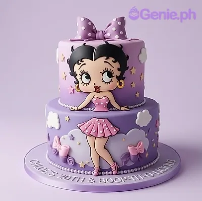 A purple 2-tier fondant cake themed around Betty Boop, featuring a Betty Boop figure, a large purple polka dot bow, white clouds, and yellow stars. A purple 2-tier fondant cake themed around Betty Boop, featuring a Betty Boop figure, a large purple polka dot bow, white clouds, and yellow stars.