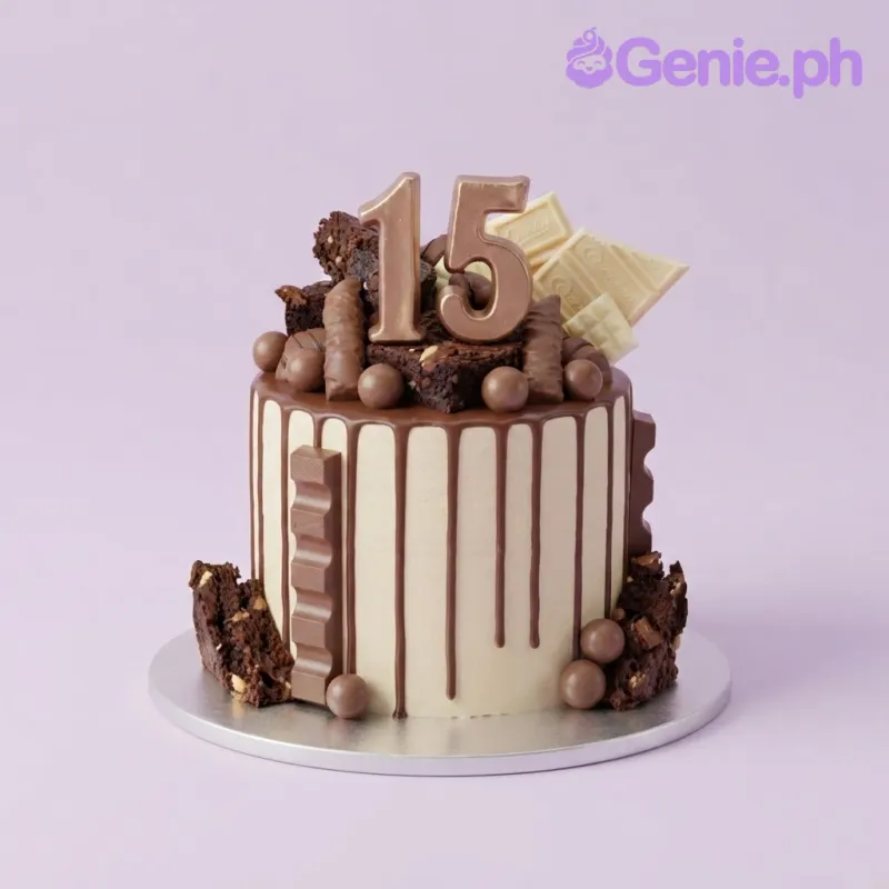 Ivory 1-tier cake with chocolate drip, brownie chunks, chocolate bars, and a number 15 topper Ivory 1-tier cake with chocolate drip, brownie chunks, chocolate bars, and a number 15 topper