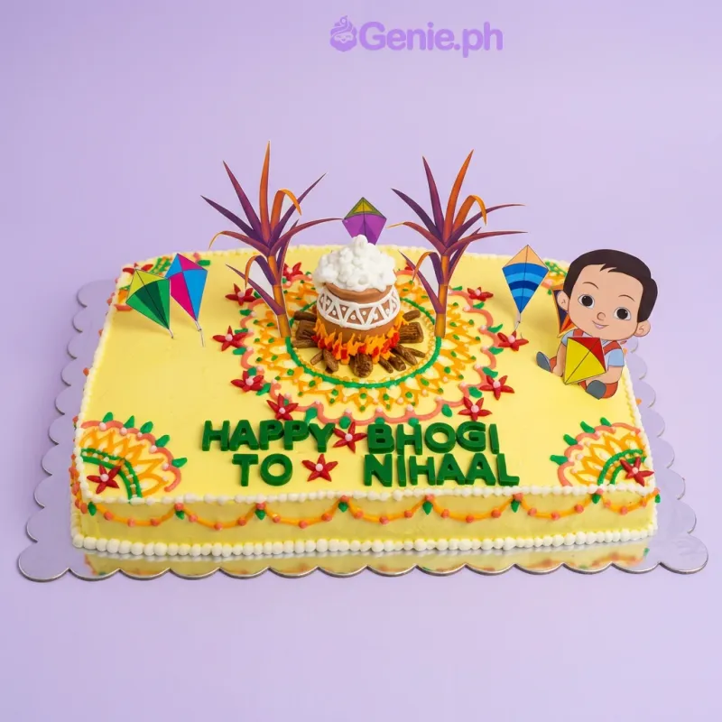 Yellow rectangular Bhogi festival cake with printed boy and kite toppers and a central gumpaste pot and fire decoration Yellow rectangular Bhogi festival cake with printed boy and kite toppers and a central gumpaste pot and fire decoration