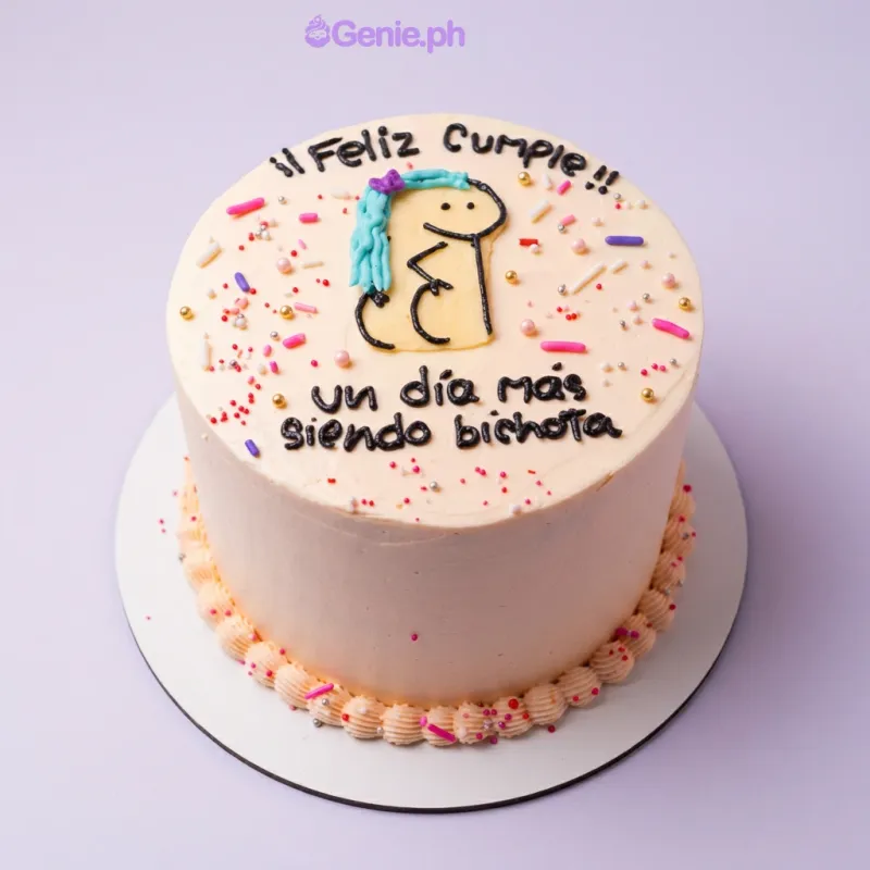 White 1-tier birthday cake with Flork character printout and piped black text White 1-tier birthday cake with Flork character printout and piped black text