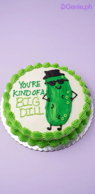 A white round cake with green piped borders and a large green pickle character with sunglasses and a hat. A white round cake with green piped borders and a large green pickle character with sunglasses and a hat.