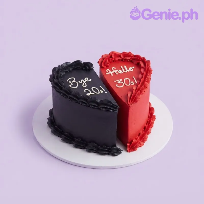 A heart-shaped cake split into black and red halves with piped borders and white piped text reading Bye 20s and Hello 30s A heart-shaped cake split into black and red halves with piped borders and white piped text reading Bye 20s and Hello 30s