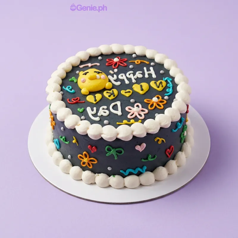 Dark grey 1-tier birthday cake with colorful piped icing flowers and hearts Dark grey 1-tier birthday cake with colorful piped icing flowers and hearts