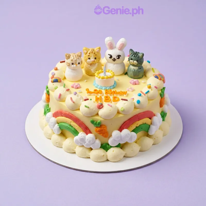 Light yellow 1-tier birthday cake with 4 animal figurines and rainbow decorations Light yellow 1-tier birthday cake with 4 animal figurines and rainbow decorations